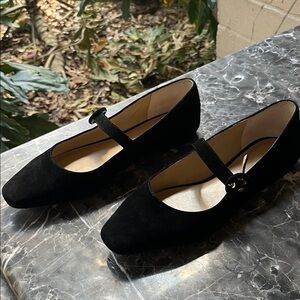 Ann Taylor Black Suede Mary Jane Flats with Button Strap
